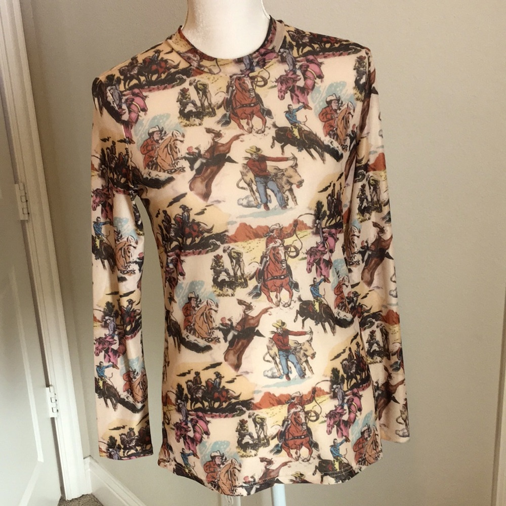Women’s Long Sleeve Mesh Crewneck Pullover Top in Western Cowboy Motif, size Med